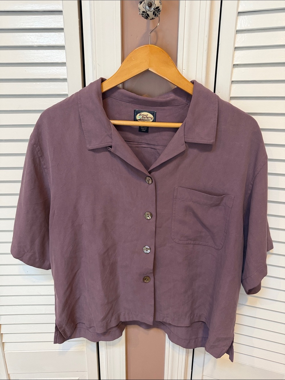 Tommy Bahama Cropped Silk Blend Lavender Button-Front Camp Shirt